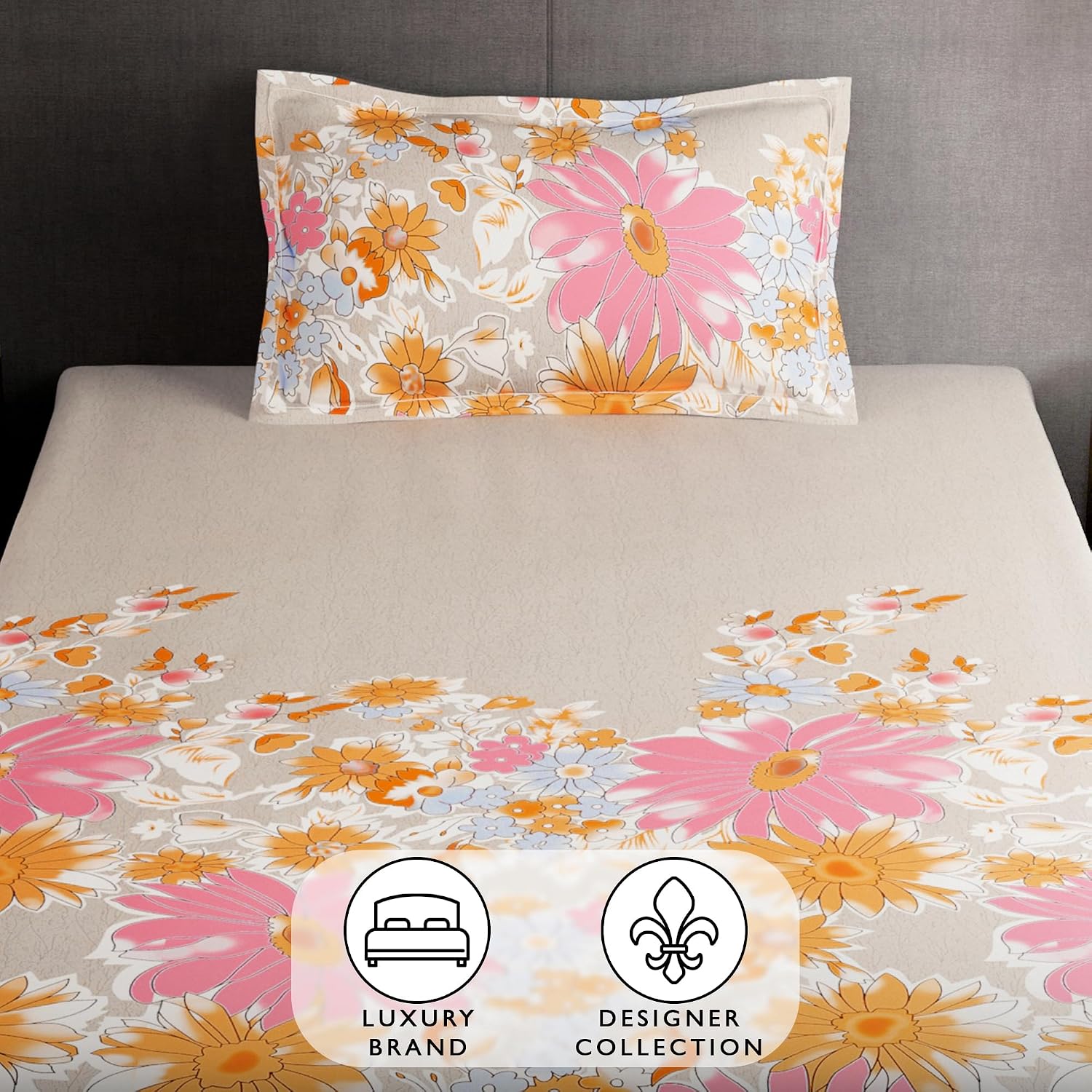 1 Piece Microfiber Bedsheet For Single Bed With 1 Pillow Cover - 57 X 88 Inches, Beige & Pink | Elegant Floral Design | Perfect For Everyday Use & Special Occasions