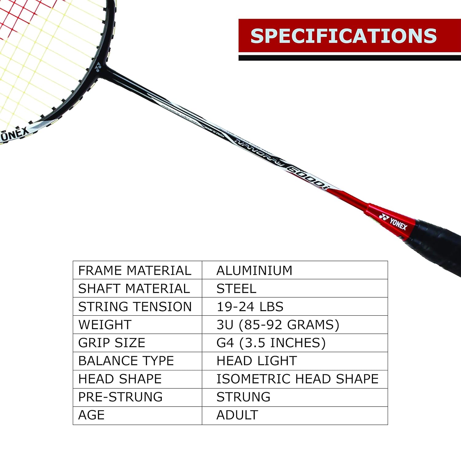 Yonex NANORAY 6000i G4 - U Aluminium Strung Badminton Racket With Full Racket Cover | For Intermediate Players, 92 Gm, Maximum String Tension - 24lbs, Colour - Red, Grip Size - 3 3/4 inches