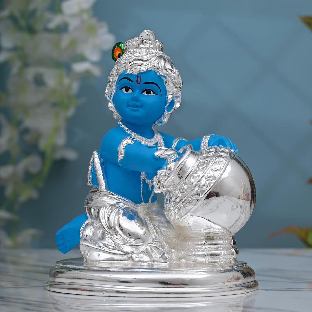 Silver Coated Lord Krishna Idol, Handcrafted Laddu Gopal Idol - Big Size - 6.5, Baby Krishna Statue, For Home Décor - Kanha Ji Ki Murti, Occasion, Makhan Chor Sculpture