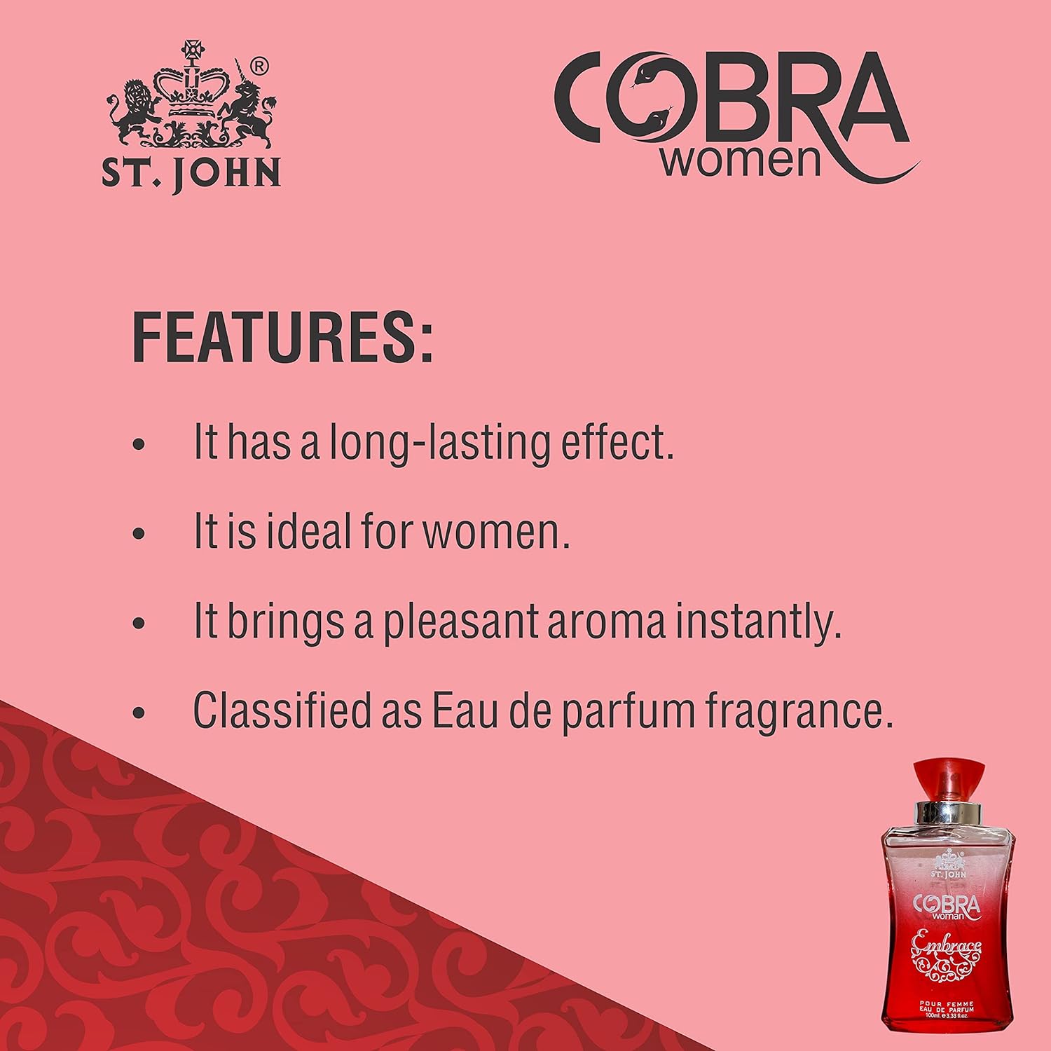 St. john Cobra Pour Femme Eau De Perfume 100ml 3.4 Fl.oz. | Perfect Gift For Wife | Long Lasting Fragrance