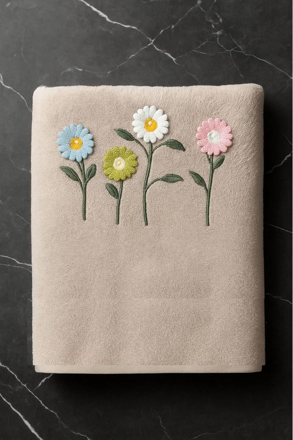 Divyam Floral Embroidered Bath Towel 350 Gsm | Premium Soft Microfiber Quick-Dry, Lightweight & Absorbent Towel With Pastel Daisy Design (Light-Taupe)