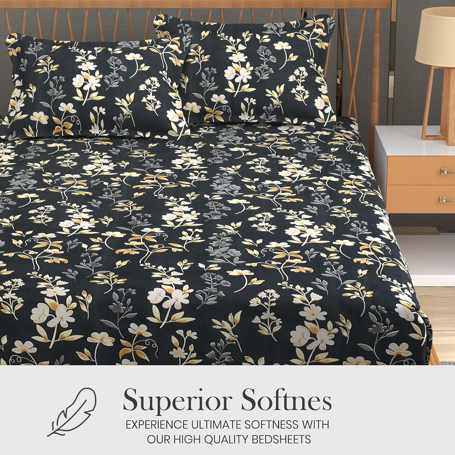 Bedsheet For Double Bed Queen Size With 2 Pillow Cover - 100 X 100 Inches, Grey & Black | Perfect For Gifting On Weddings Bedsheet