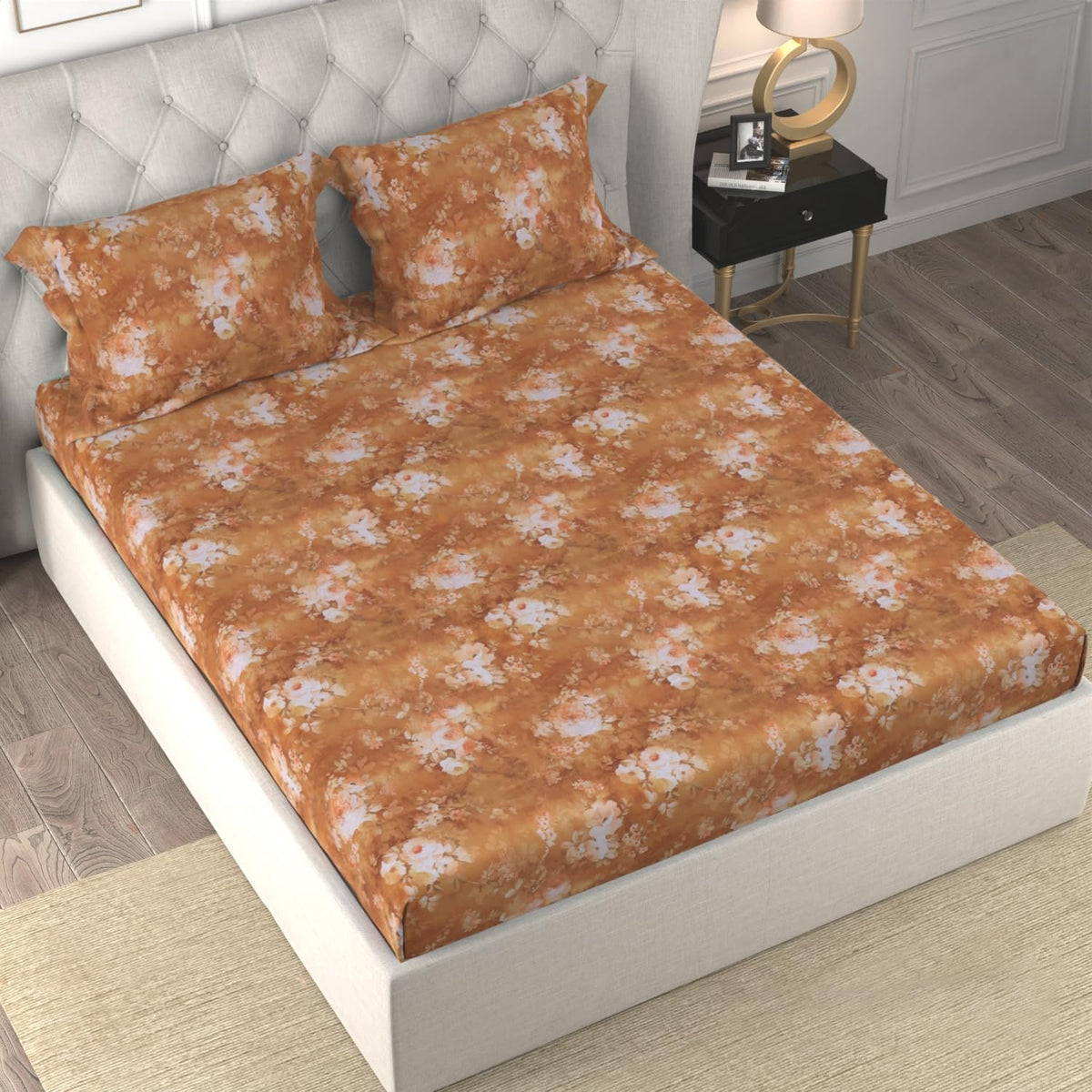 Cotton Bedsheet King Size Bed With 2 Pillow Covers - 100 X 108 Inches, Brown | 150 Thread Count Floral Bedsheet For Double Bed - Breathable & Lightweight