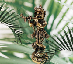 Lord Krishna Murti, Long Krishna Statue, Brass, Bronze, Idol - Size 6 Inch, Religious, God Idol, Radhe Krishna, Thakur Ji Statue, Occasion, Makhan Chor, For Home, Workplace, Office, Gifts