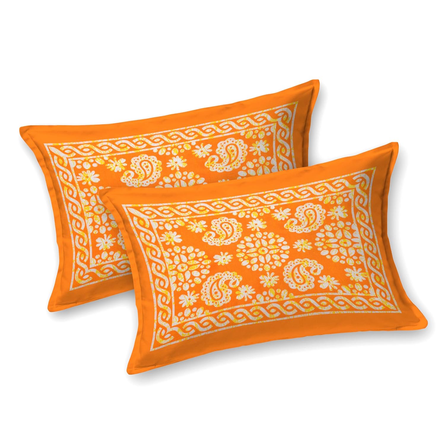 Handloom Printed Double Bedsheet For Queen Size With 2 Matching Pillow Cover | Size 90 X 100 Inches, Orange - Cotton Bedsheets For Double Bed | Soft & Smooth