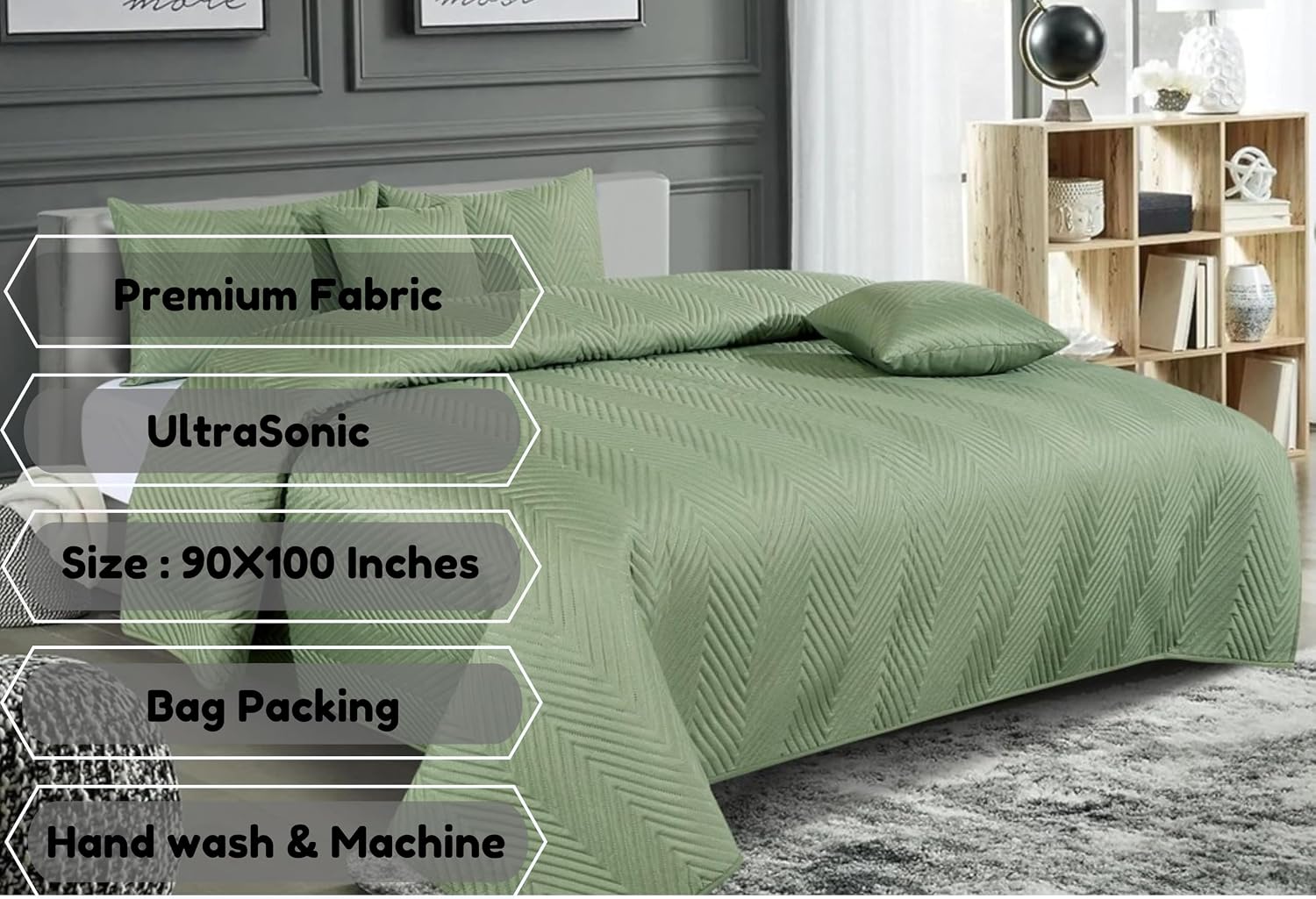 Luxurious Bedsheet For Double Bed With 2 Pillow Cover + 2 Cushion Cover - 90 X 100 Inches, Green | All Weather 5 Pcs Glace Cotton Ultrasonic TC - 280