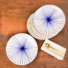 Ceramic Striped Dinner Serving Plates Set Of 6 - White & Blue, Diameter: 10 Inches | Ceramic Full Plates - Blue Kasa Line