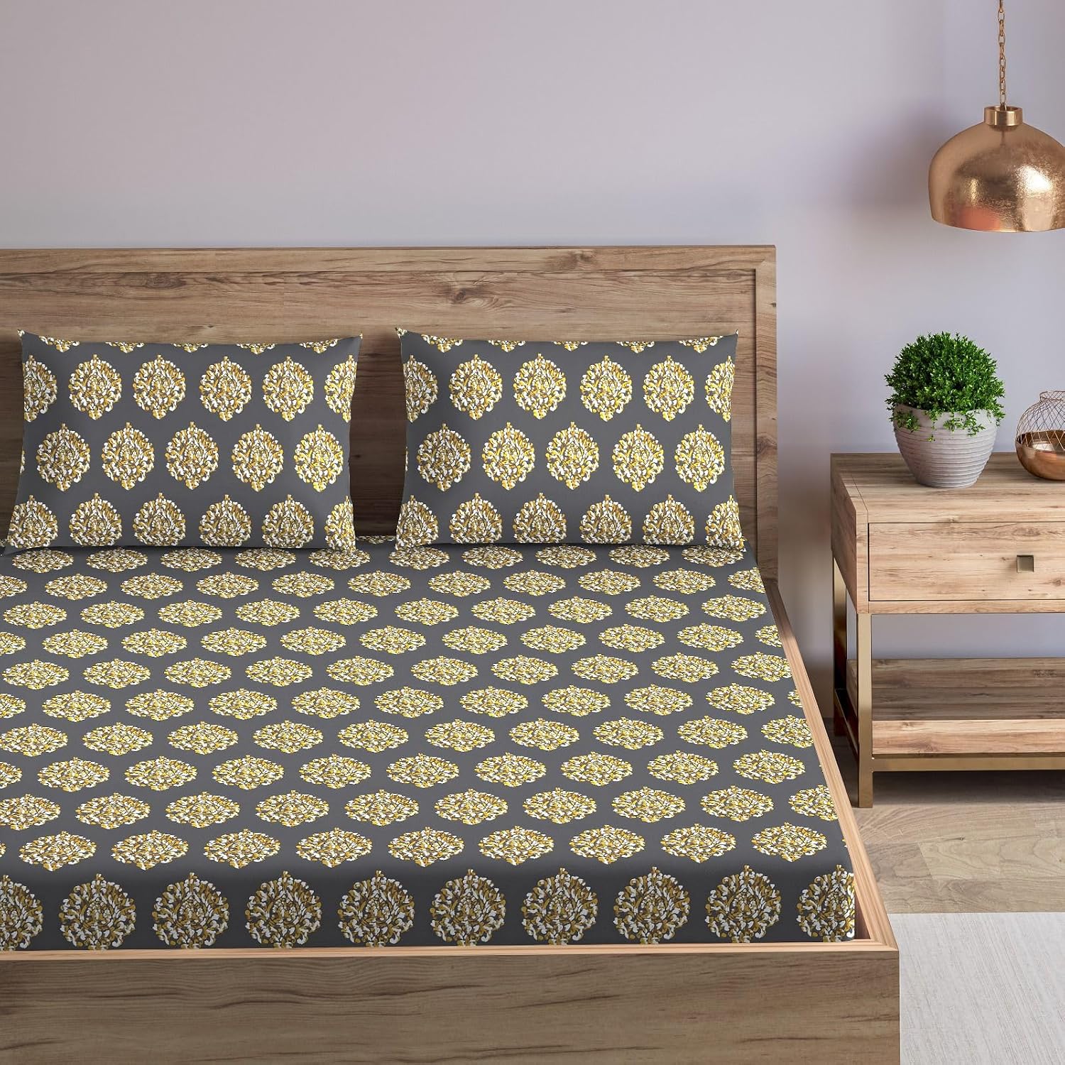 Jaipuri Design Cotton King Size Printed Bedsheet With 2 Pillow Covers - 108 X 108 Inches, Grey & Mustard | Ideal For Home Use & Perfect For Gifting On Weddings, Housewarmings & Festivals