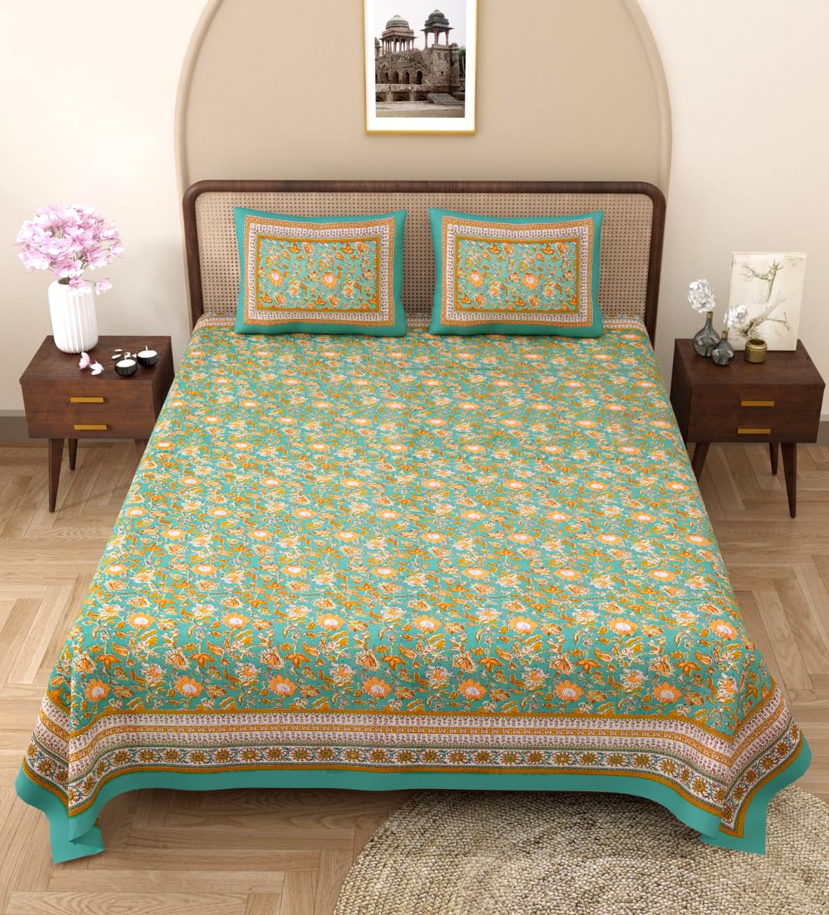 King Size Bedsheet With 2 Pillow Cover - 90 X 108 Inches, Green & Mustard | Light Weight & Easy To Wash At Home | Resistant For An All-Season Use