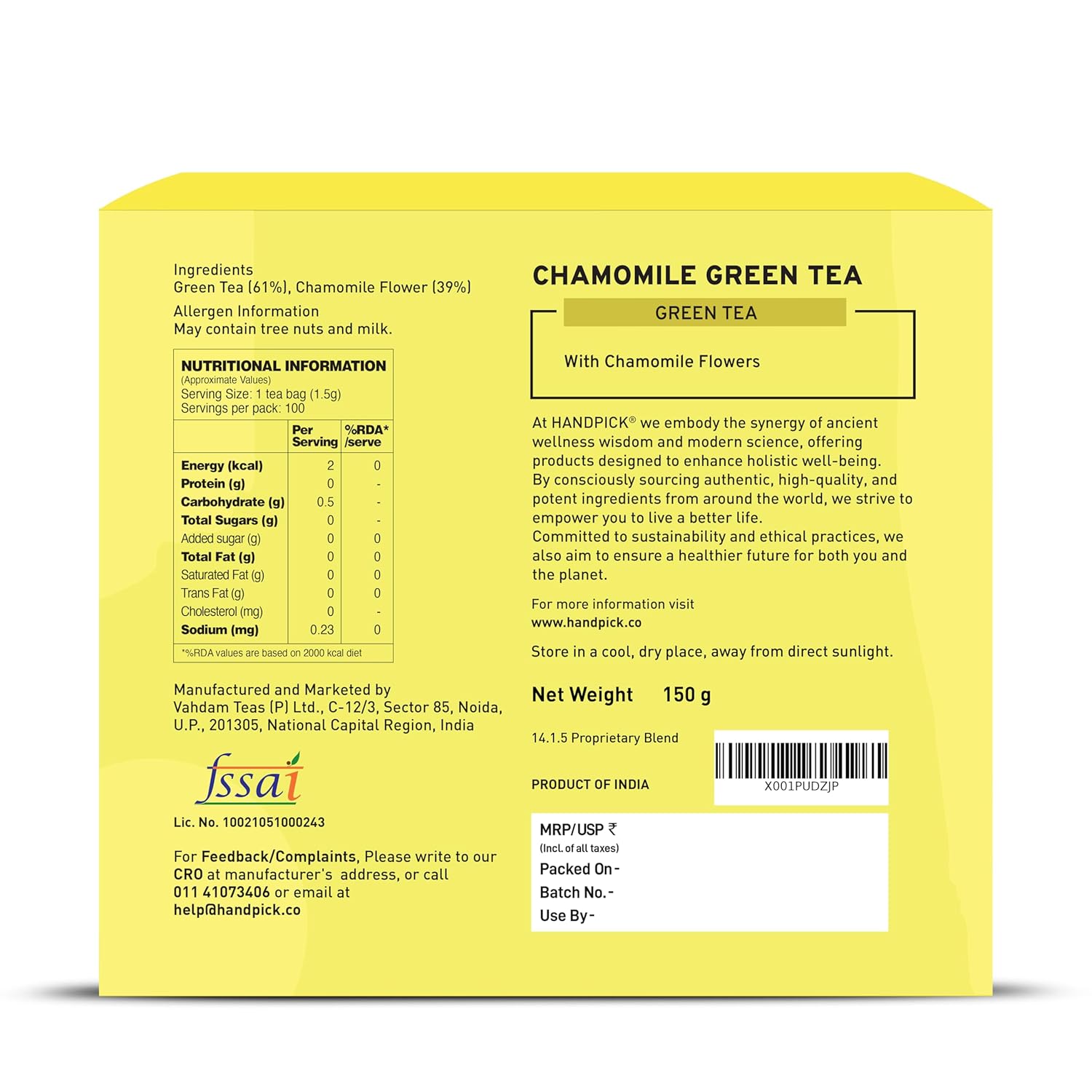 Handpick Chamomile Green Tea Bags With Chamomile Flowers - 100 Tea Bags | Round & Eco-Friendly Tea Bags Packed In Resealable Bag - Brew As Hot Or Iced Tea | Medium Caffeine