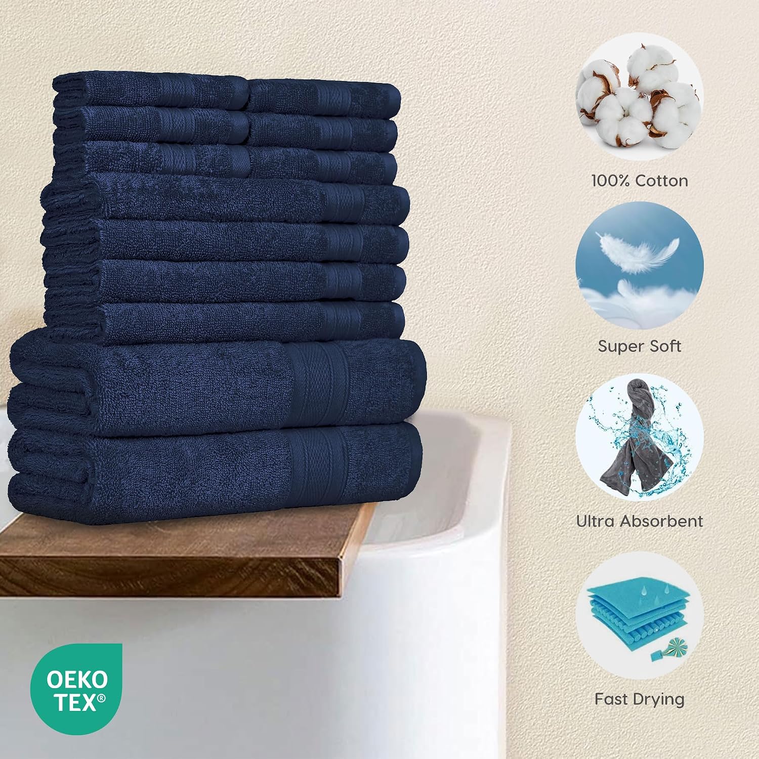 Trident Soft Comfort Air Rich Bath Towels 500 Gsm | 100% Cotton Towel, Super Soft, Highly Absorbent, 12 Pieces (Navy)