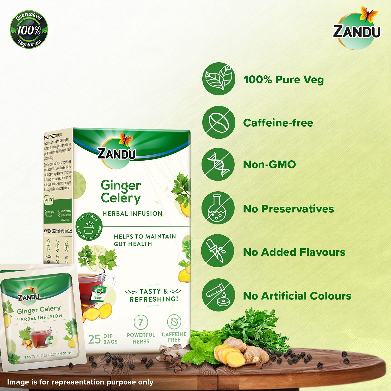 Zandu Ginger Celery Herbal Infusion Green Tea - 25 Tea Bags | Maintains Gut Health - Aids In Metabolism & Detoxification | Enriched With 7 Powerful Herbs - Caffeine Free