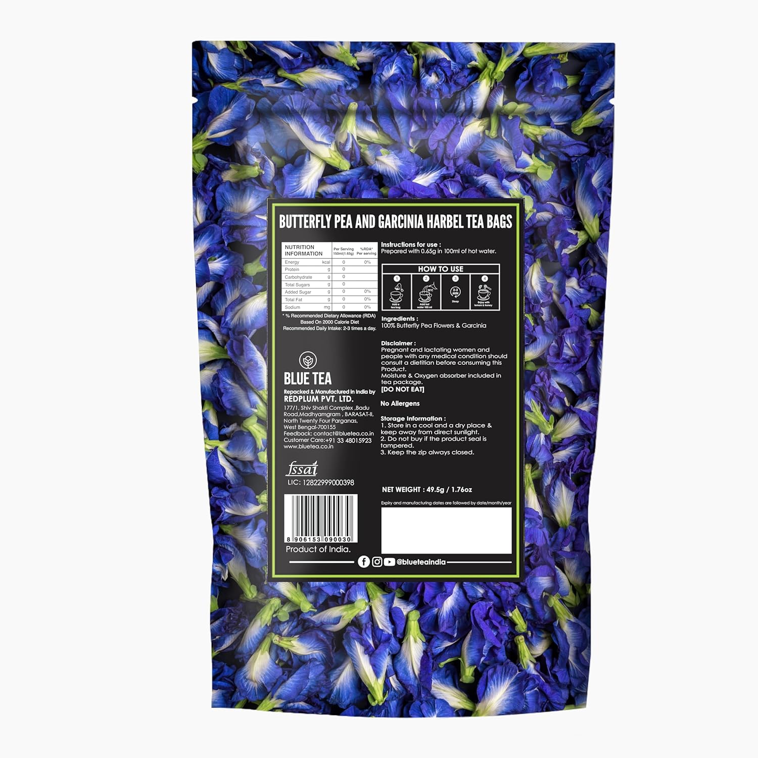 Blue Tea Butterfly Pea Flower Garcinia Herbal Tea - 30 Pyramid Tea Bags | Sun Dried Flower Antioxidant Tea - Caffeine Free, Detox Tea | No Added Colors, Aparajita - Shankhpushpi, Zipper Pack