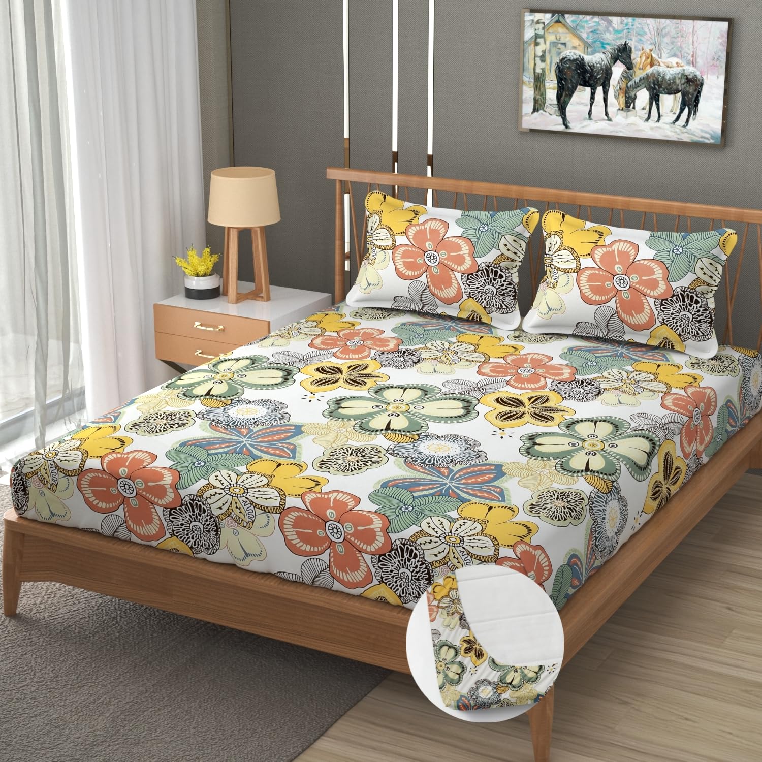 Premium Heavy Cotton Elastic Fitted King Size Bedsheet With 2 Pillow Covers - 72 X 78 X 10 Inches, Multicolor | All Weather Comfort & Bedroom