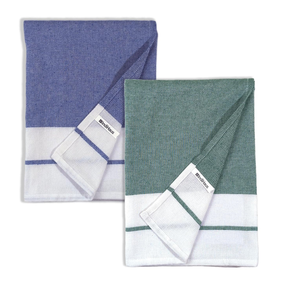 Indihaus Cotton Bath Towels 460 Gsm | Absorbent Large Size Quick Dry Gym Travel & Bath Towel (Blue & Forest Green)- Set Of 2