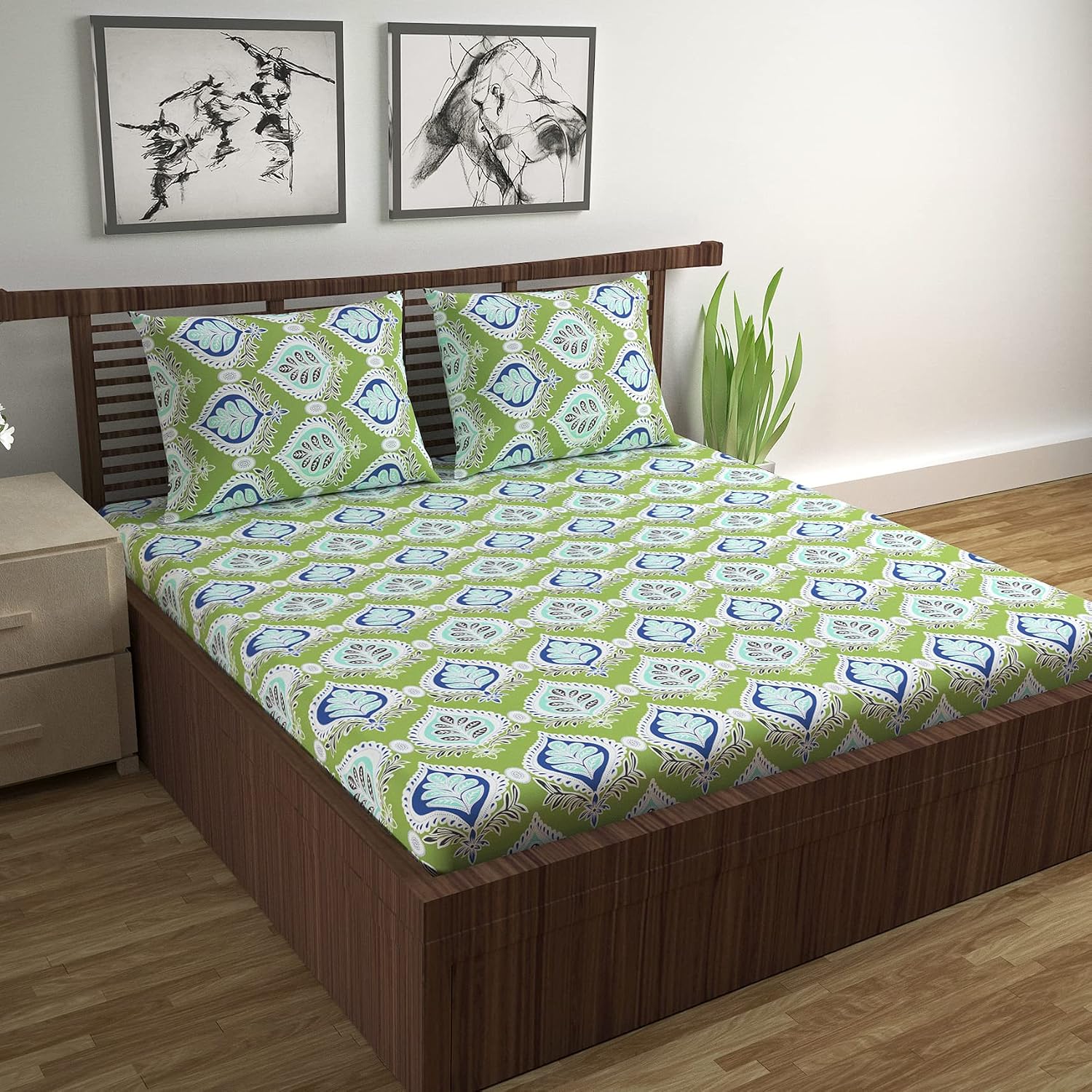 100% Pure Cotton Double Bedsheet For Queen With 2 Pillow Covers - 87 X 100 Inches, Green | Soft & Durable For Everyday Use & Bedroom - All Season Comfort