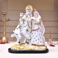 Radha Krishna Murti Idol, Radhe Krishna With Cow Statue, Marble, White Idol -11 Inch, All Occasions Statue, For Pooja Room, Wedding Gift, Home Decorative Item Showpiece