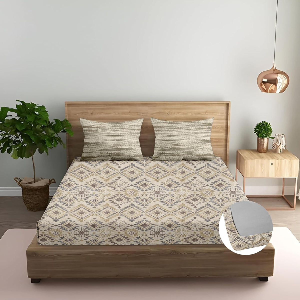 King Size Printed Elastic Fitted Bedsheet With 2 Pillow Covers - 72 X 78 Inches, Taupe | Lightweight, Soft & Breathable Durable & Long Lasting Bedsheet