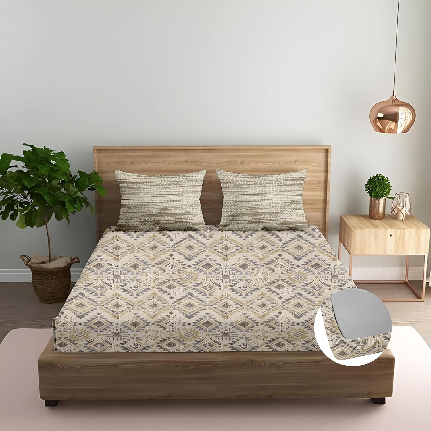 King Size Printed Elastic Fitted Bedsheet With 2 Pillow Covers - 78 X 78 Inches, Taupe | Lightweight, Soft & Breathable Durable & Long Lasting Bedsheet