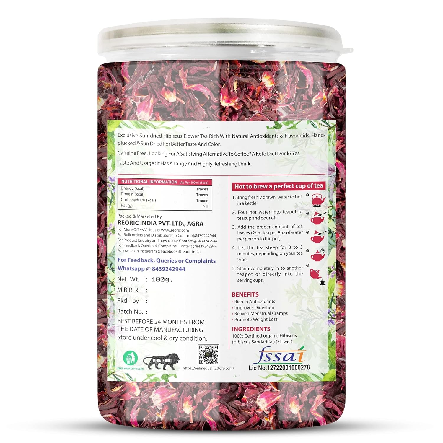 Bralcon Organic Herbal Tea Combo Pack Of 2 X 100gm, 3.5 Ounce Each - Hibiscus Flower Tea + Butterfly Pea Flower Tea | Reduce Stress, Improve Digestion - Caffeine Free