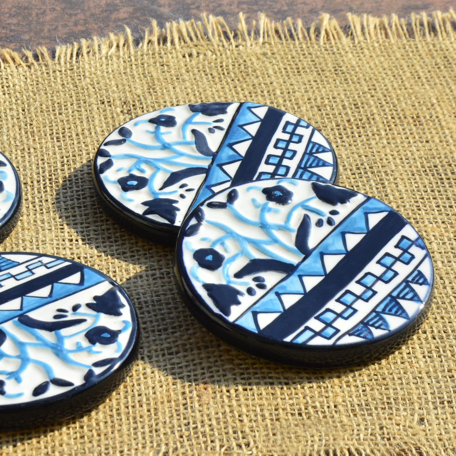 Studio Pottery Ceramic Tea & Coffee Coasters Set Of 4 - Blue & Black | Dining Table Coasters - Bar Accessories