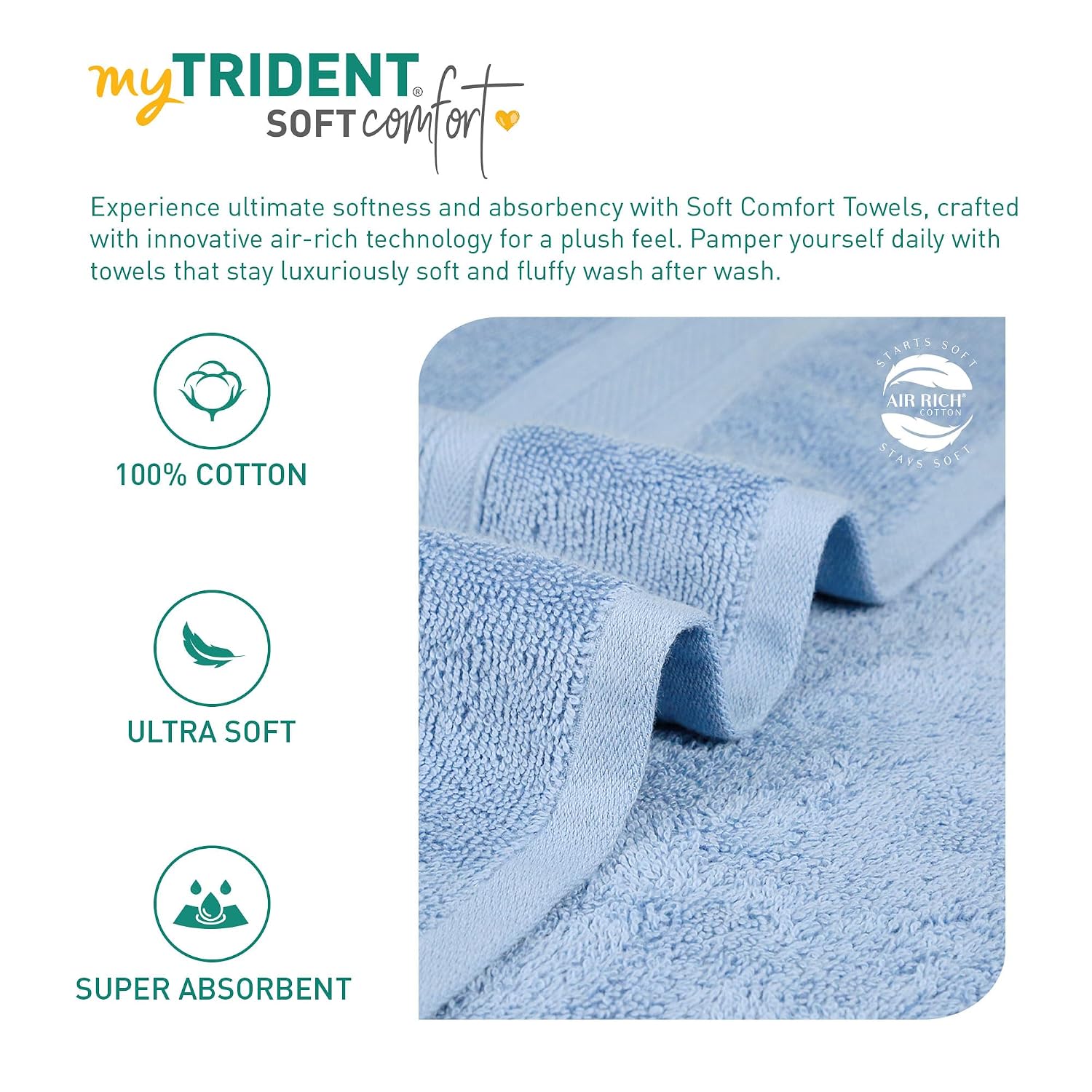 Trident Soft Comfort Air Rich 100% Cotton Bath Towels 500 Gsm | Large Size Bathroom Towels For Men & Women (Alure)