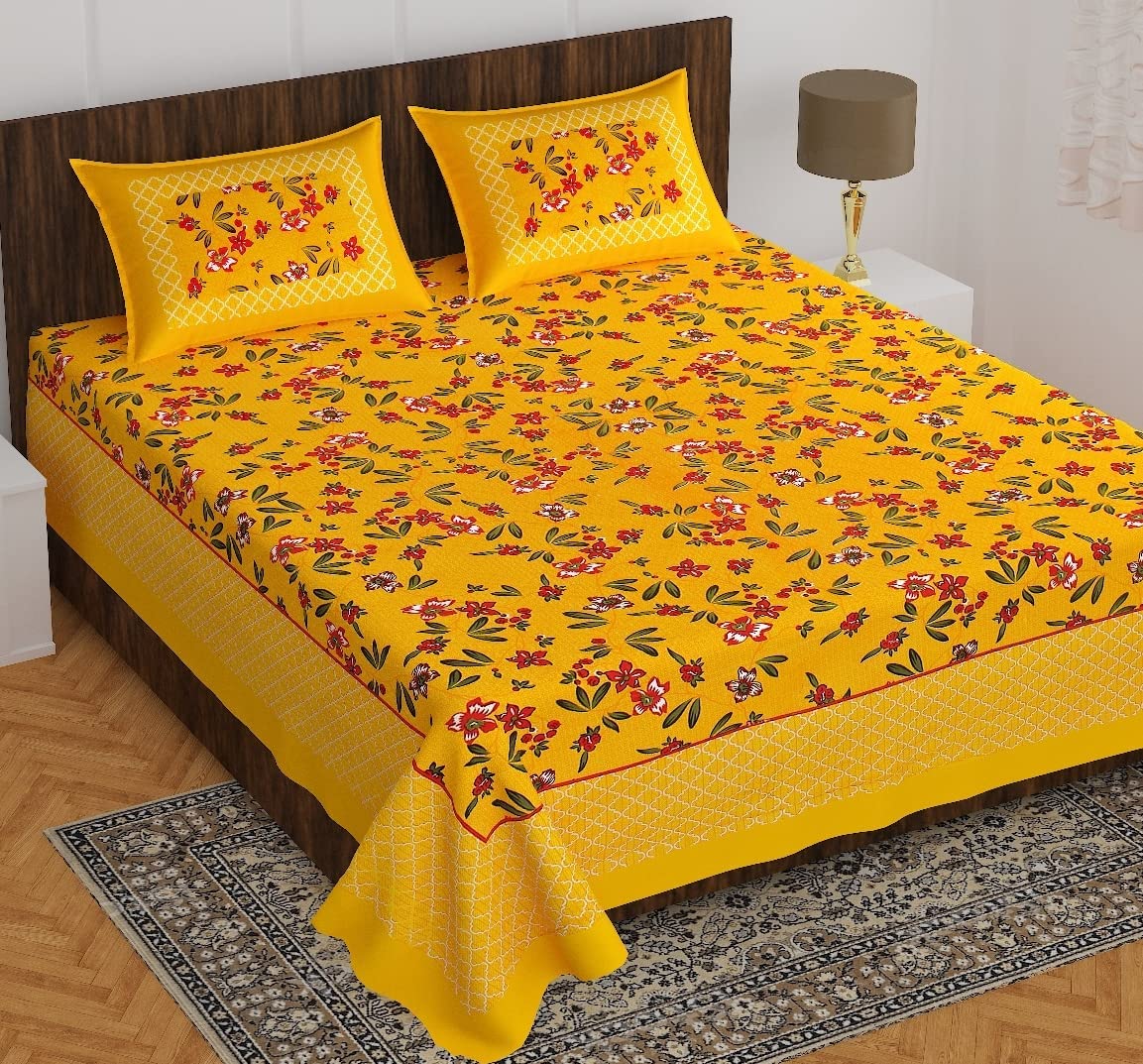 Printed Double Bedsheet For King Size With 2 Pillow Covers - 90 X 100 Inches, Yellow & Red | Better Use Soft Detergent For Long Durability