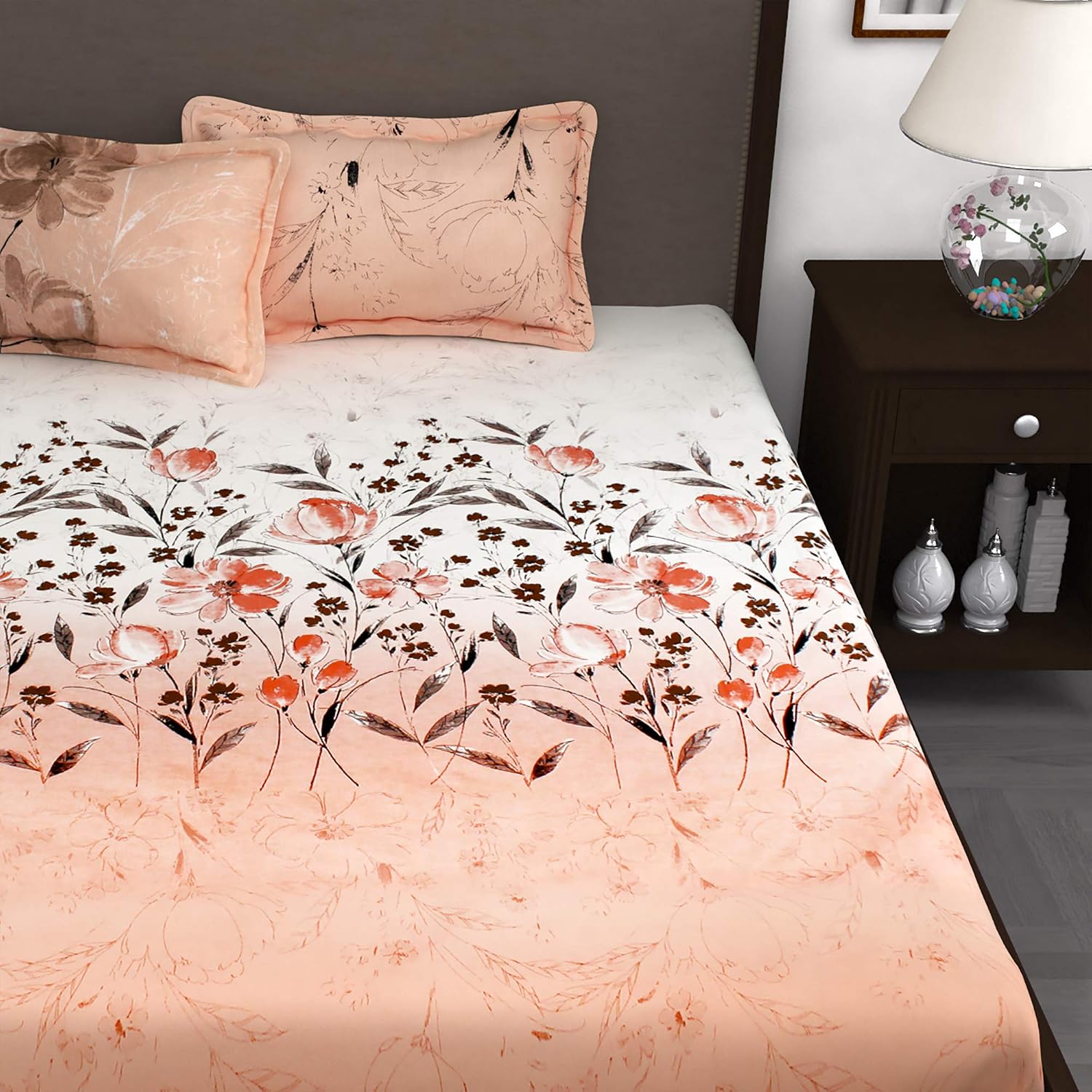Bedsheet For King Size Bed With 2 Pillow Cover - 108 X 108 Inches, White & Peach | Ideal For All Seasons - Perfect For Gifting, Weddings, Anniversary