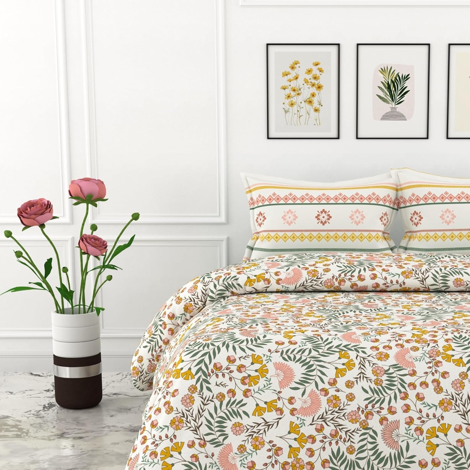 King Size Printed Bedsheet For Double Bed 2 Pillow Cover - 72 X 78 Inches, Multicolor | All Around Elastic Fitted - Ultra Soft & Breathable