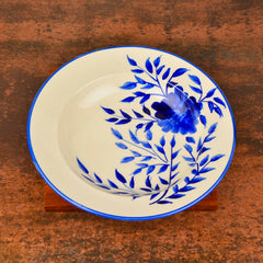 Hand Painted Premium Ceramic Floral Deep Pasta Plate Set Of 1 - Diameter: 9.5 Inches, Blue & Off White | Soup Plate - Maggi Plate