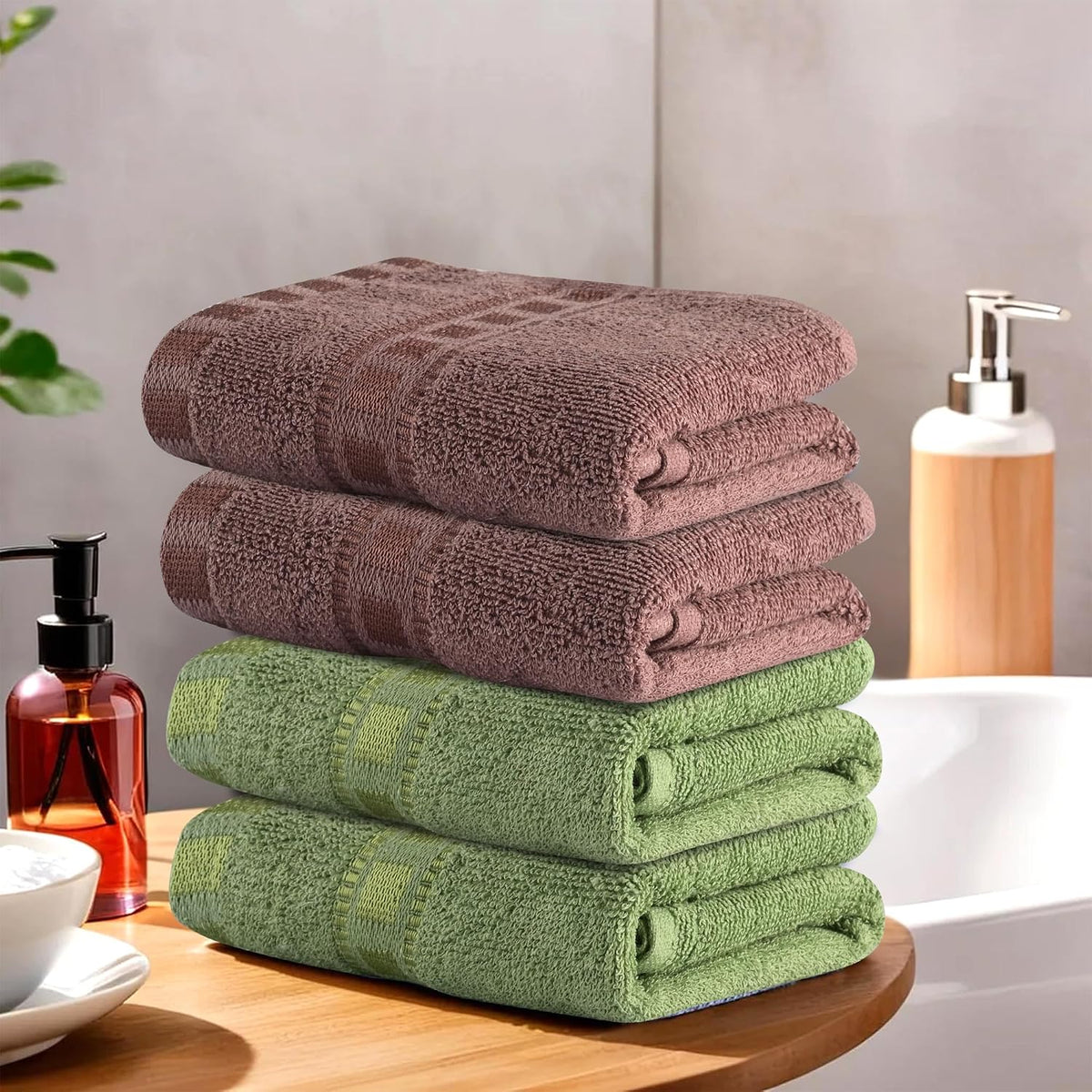 Heart Home Cotton Hand & Face Towels 800 Gsm | For Men & Women Easily Washable Workout Gym Towel - Green & Brown (Pack Of 4)