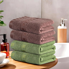 Heart Home Cotton Hand & Face Towels 800 Gsm | For Men & Women Easily Washable Workout Gym Towel - Green & Brown (Pack Of 4)