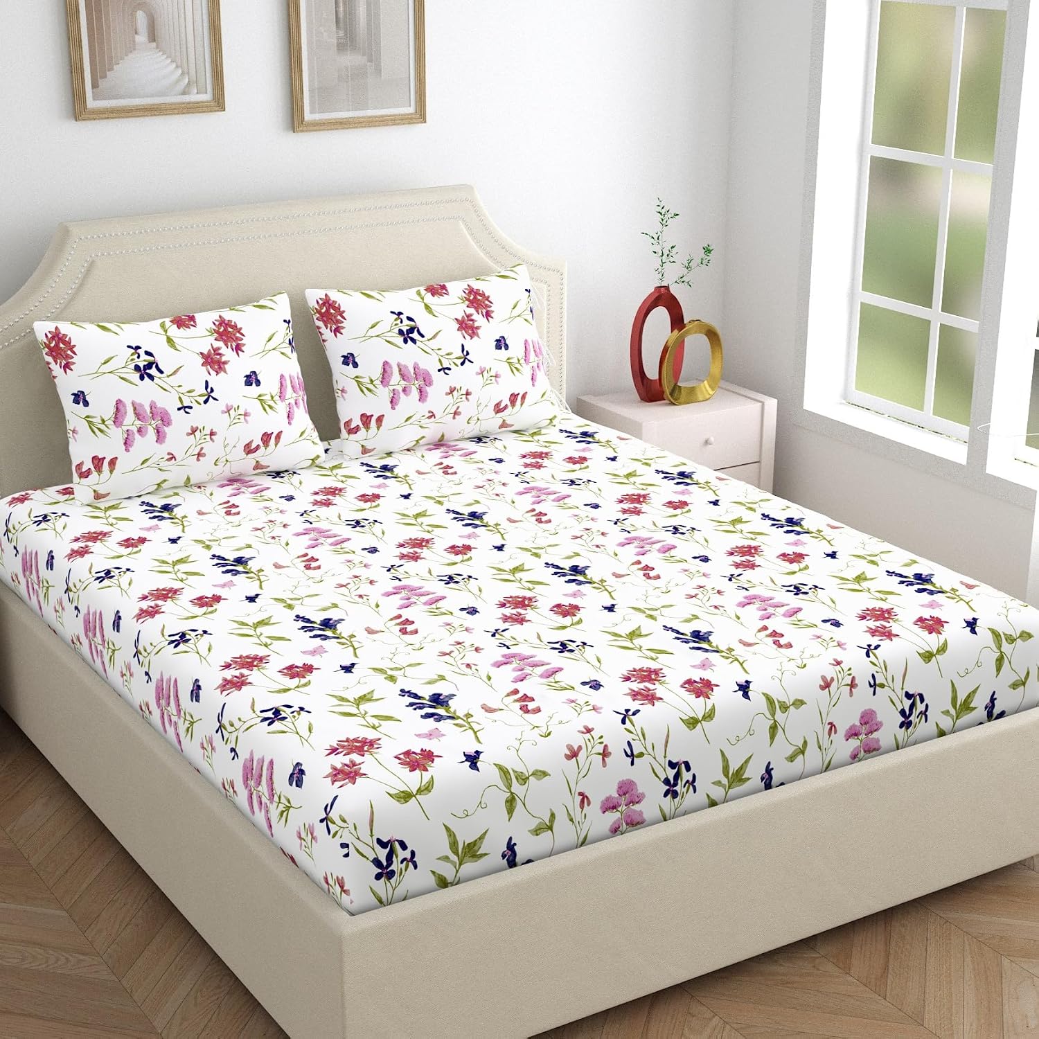 100% Cotton Double Bedsheet With 2 Pillow Covers - Size - 88 X 94 Inches, Multicolor | Breathable Fabric & Skin Friendly | Comfortable Night Sleep