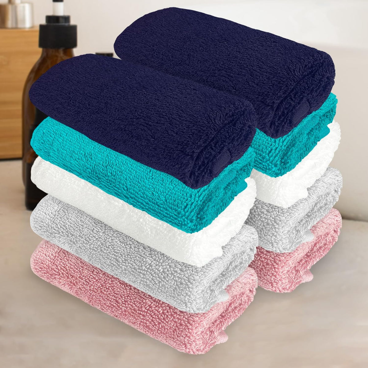 Heelium Bamboo Face Towel 1200 Gsm | Ultra Absorbent & Odour-Free 3x Softer Than Cotton Towels | Pack Of 10 -Blue, Teal, White, Light Grey & Peach