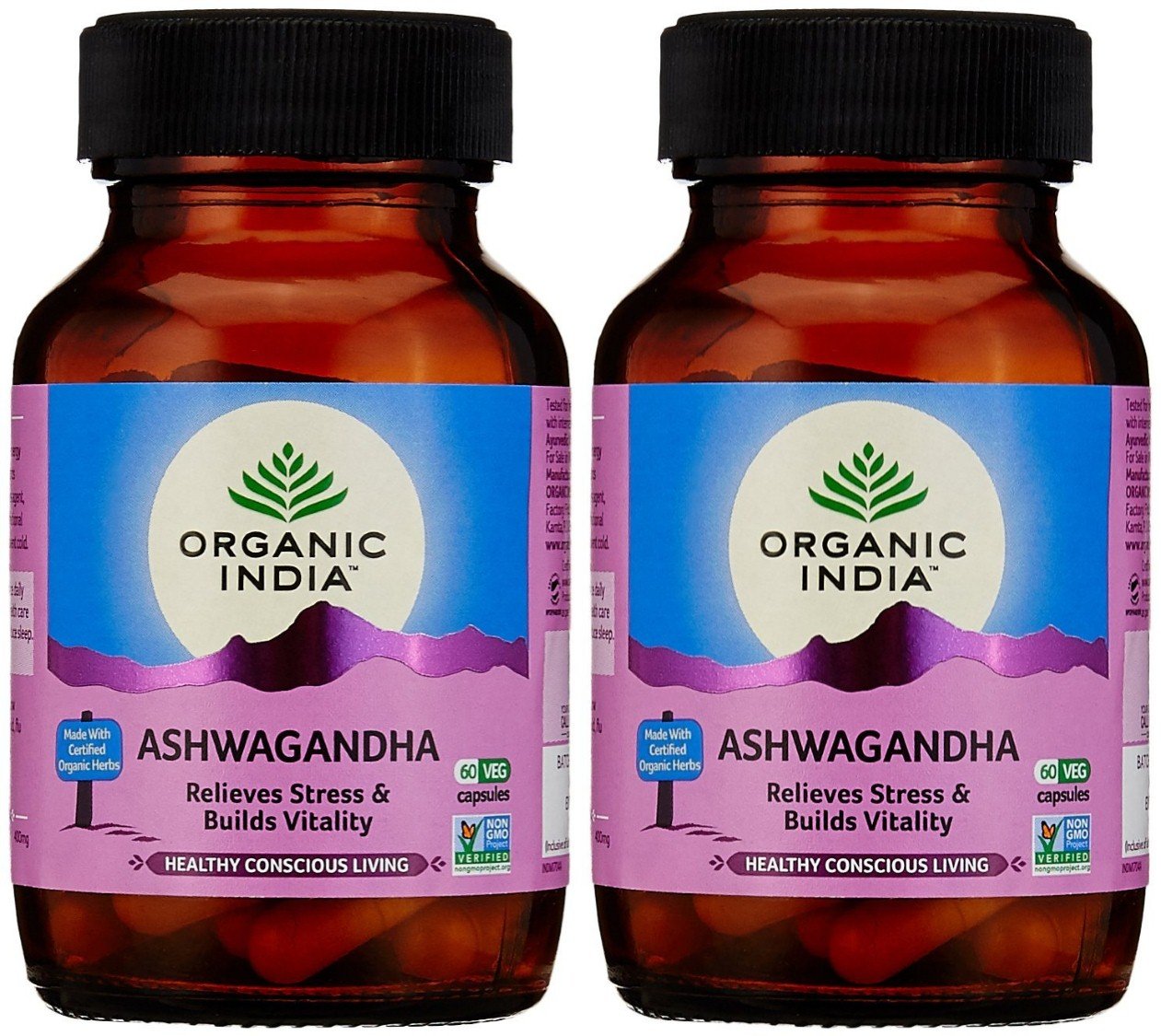 Organic India Ashwagandha Capsules, Benefit Body's Overall Immune System & Naturally Building Body Energy Reserves | 60 Veg Capsules 100gm 0.2lbs Each Pack Of 2