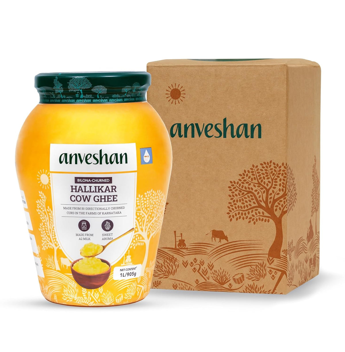 100% Natural Bilona-Churned Hallikar Cow Ghee By Anveshan | High In Vitamins A, D & Healthy Bilona Method Desi Ghee For Protact Eyesight | (1 Litr) 33.8 Ounce | Jar Pack