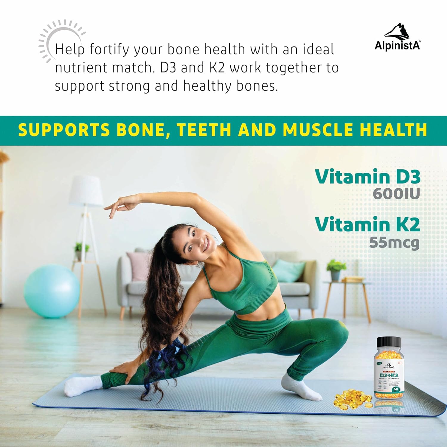 Alpinista Vitamin D3 + K2 Mk7 Menaquinone Supplement , Bone Health & Immune Support | Promotes Calcium Absorption, Muscle Strength , For Men And Women | 60 Capsules , 100gm 0.2lbs