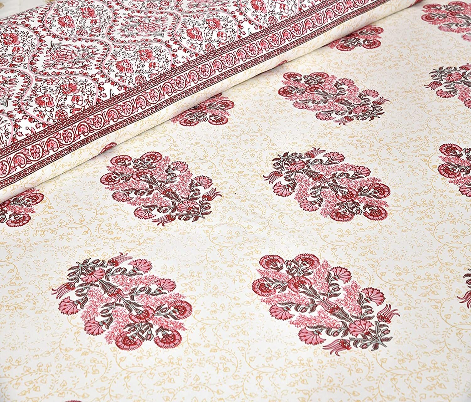 100% Cotton Jaipuri Bedsheet For King Size (90 X 103 Inches, Cream & Pink) With 2 Pillow Covers | Perfect For Everyday Use, Guest Rooms, Or Gifting On Special Occasions