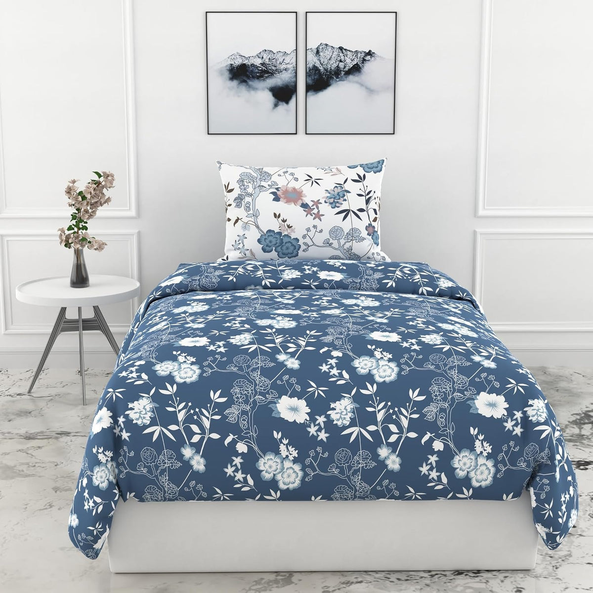 Cotton Bedsheet For Single Bed With 1 Pillow Cover - 54 X 84 Inches, Blush Blue & White | Soft Touch Cotton Fabric-Comfortable & Durable | Elegant Printed Bedding Set For Daily Use