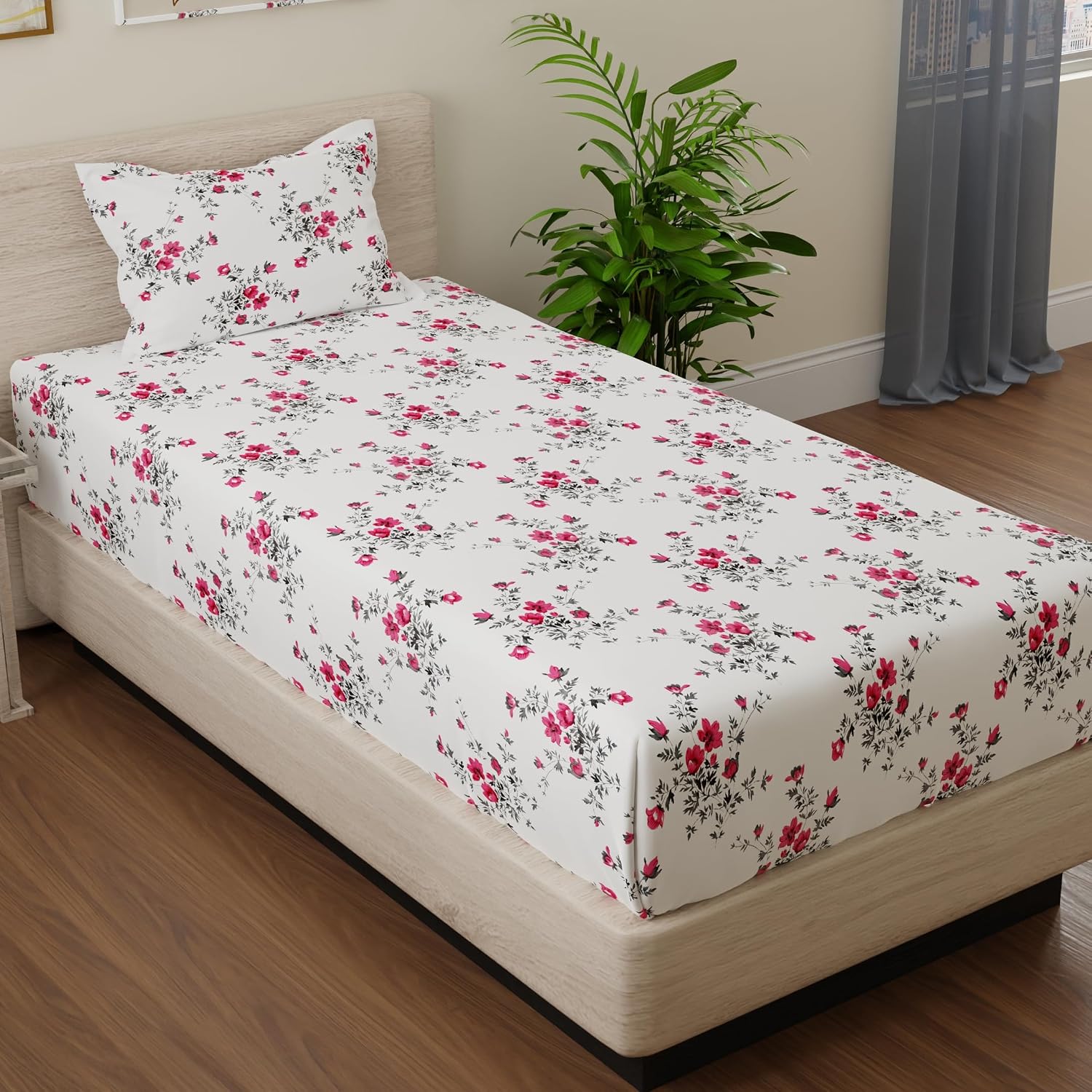 Print Single Size Bedsheet With 2 Pillow Cover - 55 X 88 Inches, White & Pink | Soft & Comfortable Feel To Your Skin | Machine Wash In Cold Water