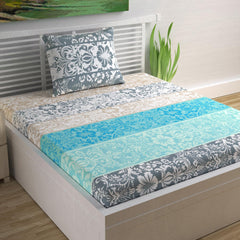Single Bedsheet With 1 Pillow Cover - 57 X 87 Inches, Grey & Blue | Designer Printed Bedsheet Set - Naturally Soft, Breathable & Skin Friendly