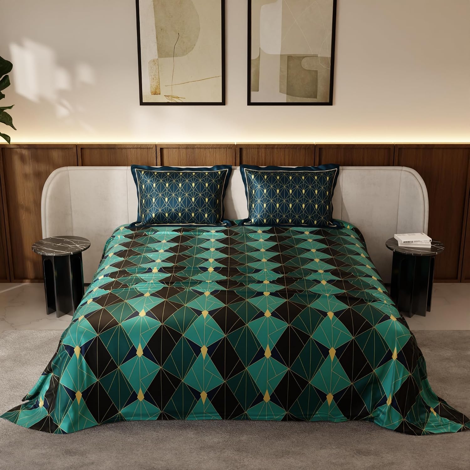 Satin Bedsheet King Size Bed With 2 Pillow Covers | 90 X 108 Inches, Green & Black | Premium Bedding Set, Gifts For Couples, Wedding, Anniversary