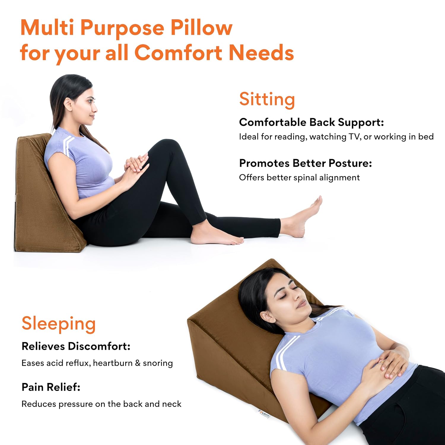 Wedge Pillows, Orthopedic Memory Foam Back Support For Bed, Brown, Medium Size - 18 L X 17.5 W X 11 H Inch | Wedge Cushion, For Acid Reflux, Snoring, Leg Elevation, Removable Cover
