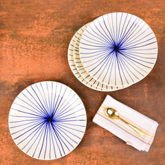 Ceramic Striped Dinner Serving Plates Set Of 4 - White & Blue, Diameter: 10 Inches | Ceramic Full Plates - Blue Kasa Line