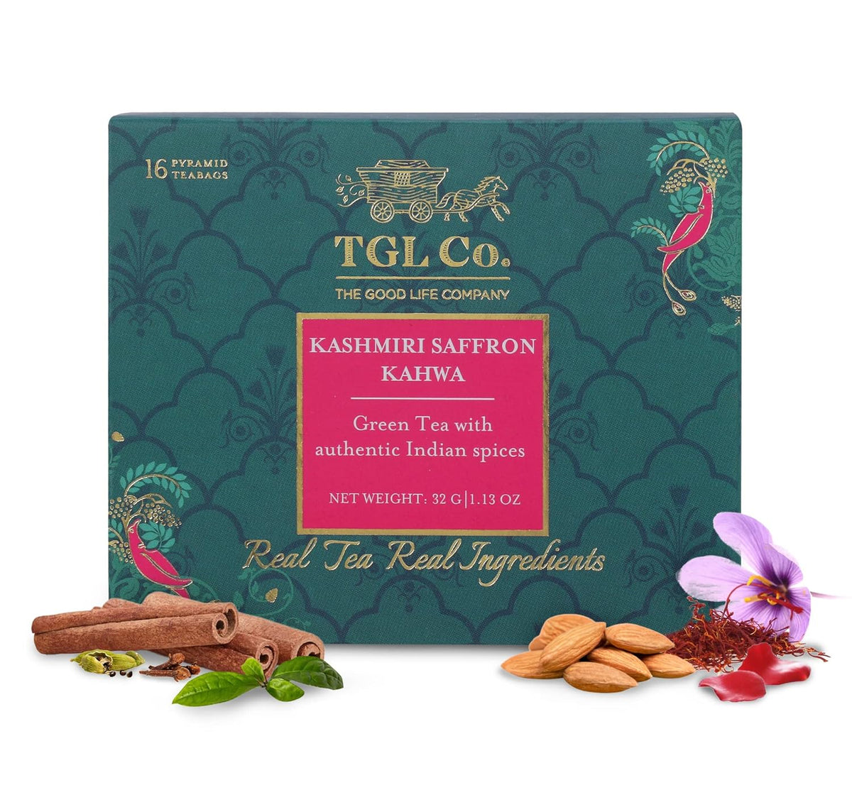 TGL Co. Kashmiri Saffron Kahwa Green Tea - 16 Pyramid Tea Bags | Enhance Digestion, Boost Immunity, Relieves Stress - Medium Caffeine, Rich In Taste