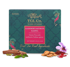 TGL Co. Kashmiri Saffron Kahwa Green Tea - 16 Pyramid Tea Bags | Enhance Digestion, Boost Immunity, Relieves Stress - Medium Caffeine, Rich In Taste