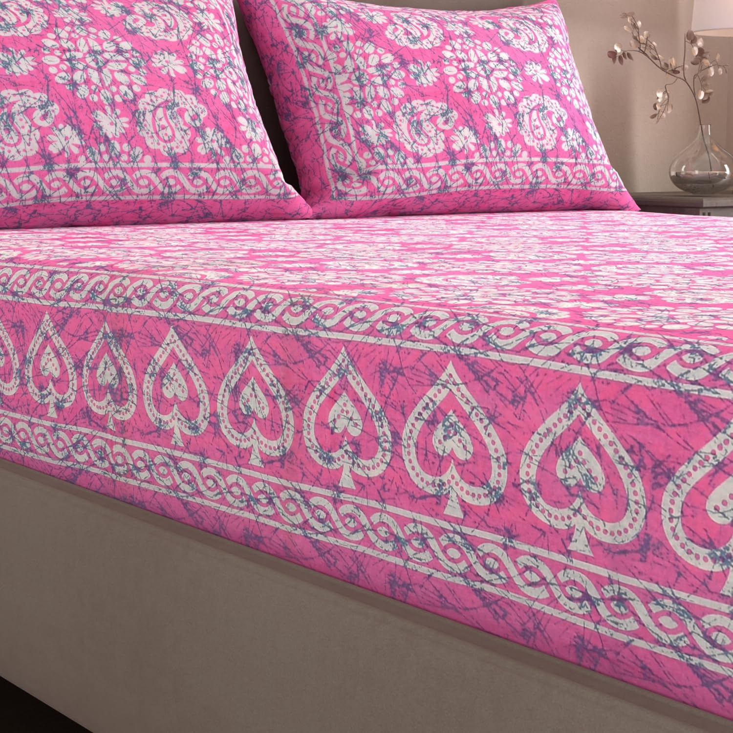 Handloom Printed Double Bedsheet For Queen Size With 2 Matching Pillow Cover | Size 90 X 100 Inches, Light Pink - Cotton Bedsheets For Double Bed | Soft & Smooth