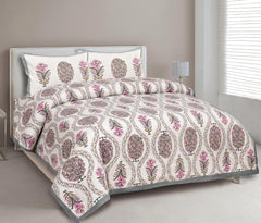 Bedsheet For Queen Bed With 2 Pillow Covers - 90 X 108 Inches, Cream & Pink | Pure Cotton Traditional Jaipuri Printed | Ideal For Both Everyday Use & Special Events