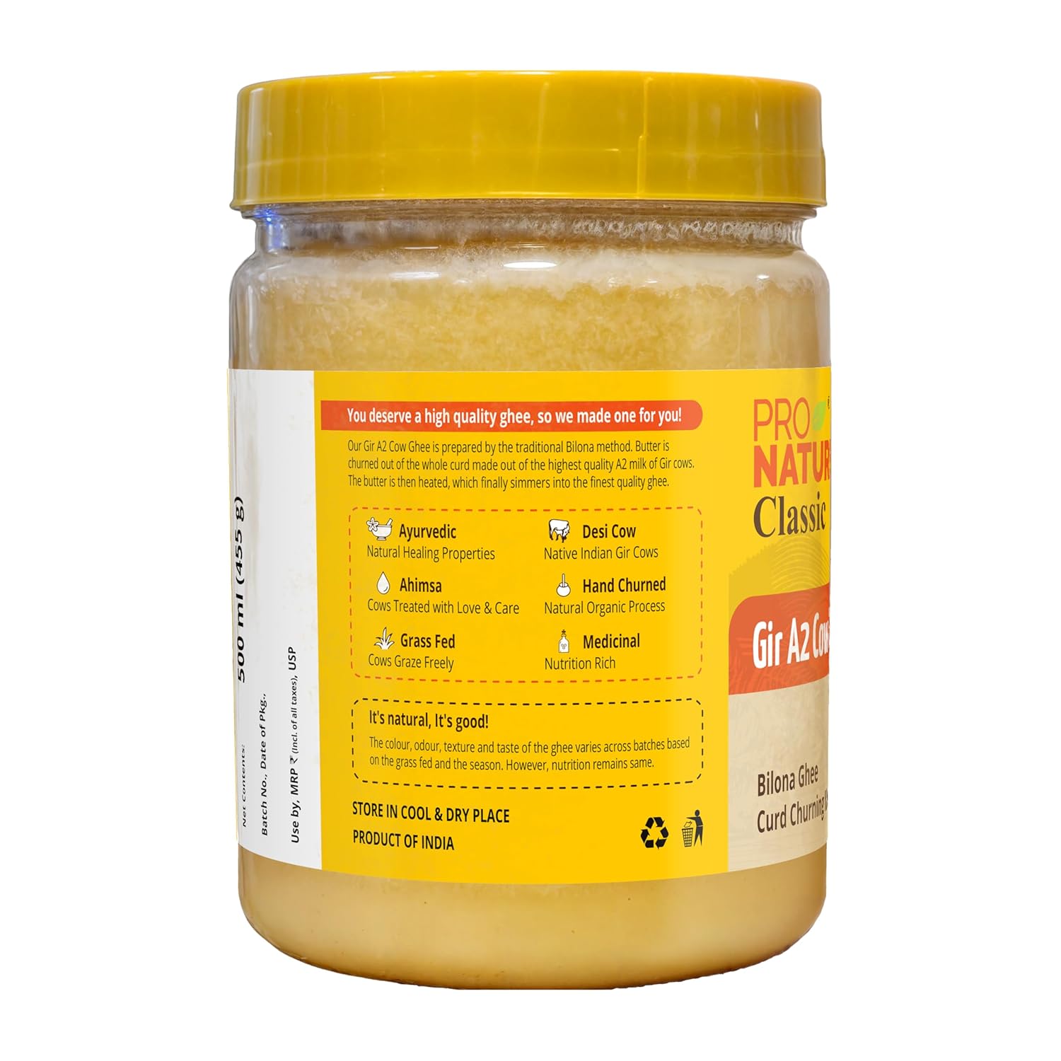 Premium Classic Gir Cow Ghee By Pro Nature | Good Source Of Protein Fiber Healthy Desi Ghee Perfect For Parathe | (500ml) 16.9 Ounce | Jar Pack