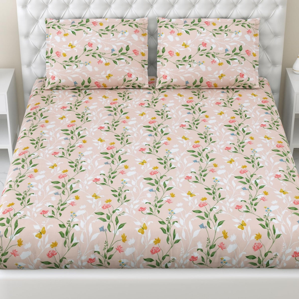 Queen Size Bed For Elastic Fitted Bedsheet With 2 Pillow Covers | 50 X 78 X 10 Inches, Blush & Green | Softness, Durability & Comfort | Perfect For Everyday Use